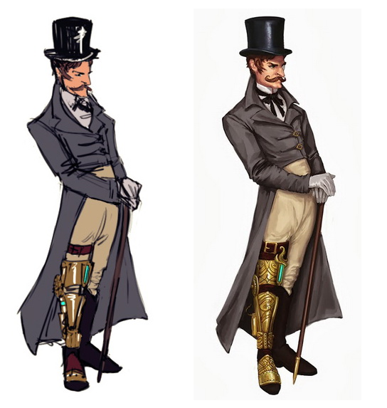 A sketch of Edwin and a final draft! We decided to make his leg piece - a result of a particularly violent brawl - a little more elegant. =D